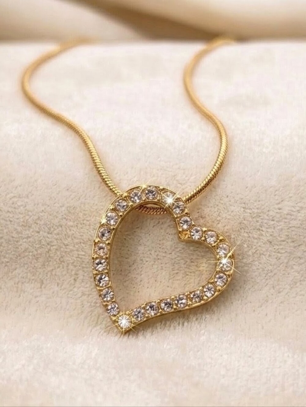 Y2K Vintage Swarovski Crystal Pavé Open Heart Snake Chain Pendant Necklace Gold